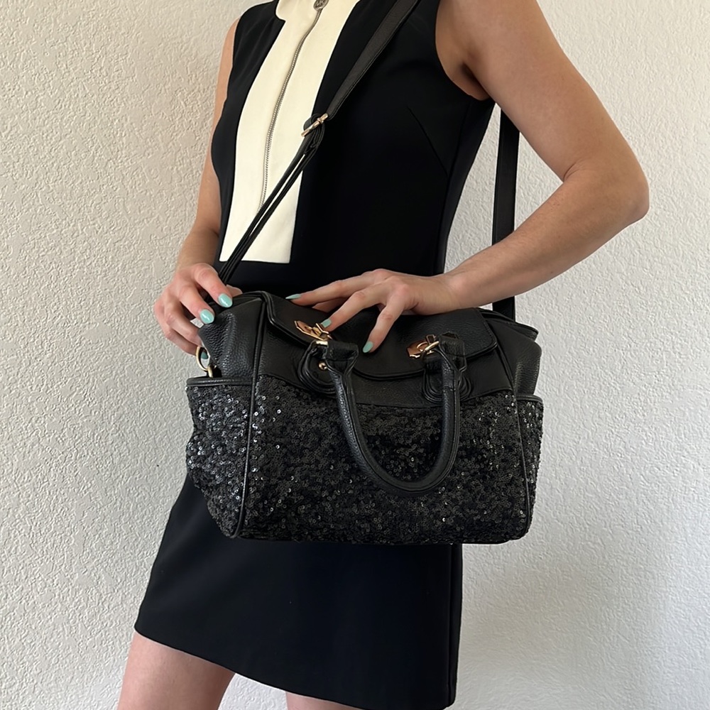 Deux Lux Shoulder Bag Black Sequin Purple Lining